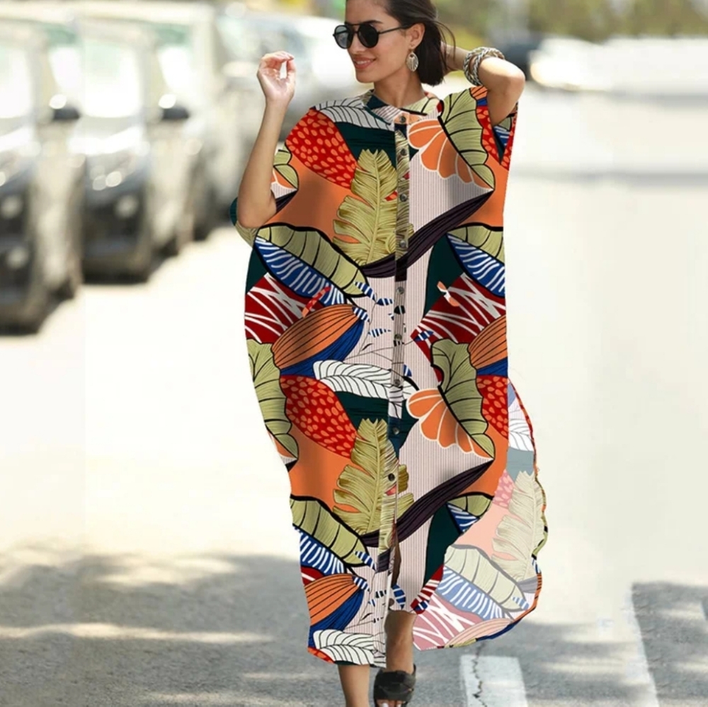 Beautiful Pocket Leaf Kaftan button down shirt dress One size fits all M/2X